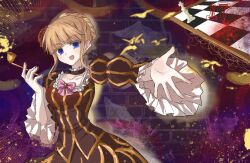  1girl 3_moto0322 :d beatrice_(umineko) black_dress blonde_hair blue_eyes bow braid chess_piece chessboard commentary_request dress fang flower gem hair_flower hair_ornament holding holding_smoking_pipe looking_at_viewer outstretched_arm pink_bow red_flower red_gem red_rose rose sidelocks smile smoking_pipe solo standing umineko_no_naku_koro_ni 