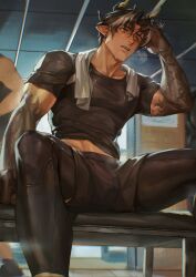  1boy aixiwuganda_(20222192) arknights arm_tattoo bench black_hair black_pants black_shirt ceiling chongyue_(arknights) collarbone commentary crew_neck door english_commentary highres horns indoors male_focus pants parted_hair parted_lips pointy_ears shirt short_hair short_sleeves sitting solo t-shirt tattoo tile_ceiling tiles toned toned_male towel towel_around_neck 