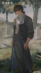  1boy absurdres black_coat black_hair blue_sky coat copyright_name copyright_notice enigma_(reverse:1999) feet_out_of_frame flower from_side grass graveyard grey_pants highres logo low_ponytail male_focus medium_hair official_art official_wallpaper outdoors pants ponytail profile reverse:1999 shirt sky solo standing tombstone tree white_flower white_shirt yellow_eyes 