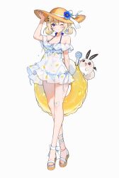  1girl absurdres animal_ears bandaid bandaid_on_knee bandaid_on_leg bikini blonde_hair blue_bikini blue_eyes blue_flower blue_nails blush bow breasts dress feet flower full_body hat highres indie_virtual_youtuber looking_at_viewer one_eye_closed rabbit_ears rabbit_girl rabbit_tail sandals see-through_clothes small_breasts smile standing straw_hat striped_bikini striped_clothes sundress swimsuit tail thighs toes twintails virtual_youtuber yenko_(vtuber) yenkoes 