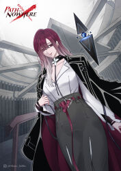  1girl absurdres belt black_coat black_skirt coat collarbone commentary copyright_name english_commentary gradient_hair grey_hair heterochromia highres hikaru_adilla hobble_skirt instagram_logo multicolored_hair neck_flower path_to_nowhere purple_belt purple_hair railing schorl_(path_to_nowhere) shalom_(path_to_nowhere) shirt skirt symbol-shaped_pupils triangle-shaped_pupils violet_eyes white_shirt wrist_wrap 