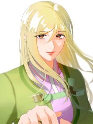  1girl blonde_hair brown_eyes brown_pupils commentary_request floating_hair hair_between_eyes higurashi_no_naku_koro_ni imitpd looking_at_viewer open_mouth simple_background smile solo takano_miyo upper_body white_background 
