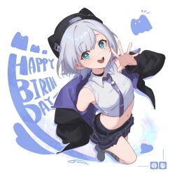  1girl absurdres animal_hat bare_shoulders beanie belt black_choker black_skirt blue_eyes cat_hat choker collared_shirt crop_top foreshortening from_above happy_birthday hat highres jacket kaga_sumire kaga_sumire_(2nd_costume) medium_hair midriff miniskirt mole mole_under_eye navel necktie off_shoulder open_clothes open_jacket open_mouth plaid_clothes plaid_skirt purple_necktie shirt simple_background simuyutou skirt sleeveless sleeveless_shirt socks solo square-end_necktie striped_clothes striped_socks studded_belt teeth tie_clip upper_teeth_only virtual_youtuber vspo! white_hair white_shirt 