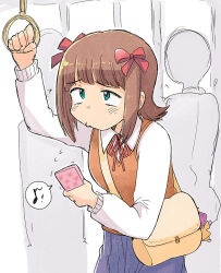 1girl 2others amami_haruka arm_up bag bow brown_hair brown_sweater_vest collared_shirt eighth_note green_eyes hair_bow holding holding_phone idolmaster idolmaster_(classic) leaning_forward long_sleeves multiple_hair_bows multiple_others musical_note phone raised_inner_eyebrows red_bow shirt short_hair shoulder_bag solo speech_bubble standing sweater_vest tsubobot white_shirt 