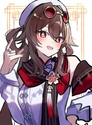  1girl absurdres blush brown_hair china_dress chinese_clothes detached_sleeves dress flower-shaped_pupils genshin_impact h2o_omizu hair_between_eyes hand_on_own_hip hand_up hat highres hu_tao_(genshin_impact) jewelry long_hair looking_at_viewer multiple_rings nail_polish open_mouth print_dress red_eyes red_nails ring simple_background sleeveless sleeveless_dress smile solo symbol-shaped_pupils twintails white_dress white_hat white_sleeves 