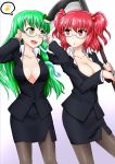  300cm belted belted_dress breasts clasped_dress cleavage constrained_dress cramped_dress female formal frog frog_hair_ornament girded_dress glasses green_hair hair_bobbles hair_ornament jacket jammed_dress kochiya_sanae large_breasts multiple_girls musical_note no_bra office_lady onozuka_komachi open_mouth pantyhose pinched_dress pressed_dress red_eyes red_hair redhead ribboned_dress scythe short_twintails skirt skirt_suit slinky_dress snake snug_dress spoken_musical_note suit tight_dress touhou twintails two_side_up yellow_eyes 