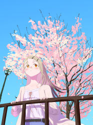  1girl absurdres blonde_hair blue_sky blush camisole cherry_blossoms collarbone colored_eyelashes commentary_request earrings falling_petals floating_hair gakuen_idolmaster grey_hair hand_on_railing highres idolmaster jewelry long_hair looking_ahead orange_eyes outdoors petals robe rope_belt setsuna_bluem34 shinosawa_hiro sky solo stud_earrings white_camisole white_robe 