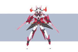  1girl arm_blade arms_at_sides black_sclera colored_sclera commentary deevious_deevi energy_sword english_commentary floating full_body highres hologram hololive horns joints looking_at_viewer mechanical_hair mechanical_skirt mechanization nakiri_ayame nakiri_ayame_(1st_costume) no_mouth open_hands red_eyes robot_girl robot_joints shadow simple_background solo sword tube virtual_youtuber weapon 