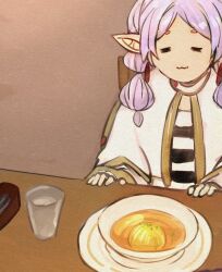  1girl closed_eyes closed_mouth earrings elf food frieren glass higemu jewelry onion pointy_ears soup sousou_no_frieren teardrop_earrings twintails white_hair 