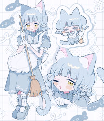  >_< 1girl :3 :d ;3 ;p absurdres animal_ear_fluff animal_ears apron blue_bow blue_bowtie blue_dress blue_hair blue_shoes blunt_bangs blush_stickers bow bowtie broom cat_ears cat_girl cat_tail chibi commentary_request dress fish_hair_ornament full_body hair_ornament highres holding holding_broom multiple_views niyu_(nennenkorori3) one_eye_closed open_mouth original outline ribbed_socks shoes short_hair short_sleeves sitting smile socks tail thick_eyebrows tongue tongue_out white_apron white_background white_outline white_socks x3 xd yellow_eyes 
