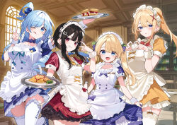  4girls :d :o ;p apron aqua_(konosuba) black_hair blonde_hair blue_dress blue_eyes blue_hair blush ceiling closed_mouth clothes_lift collared_dress commentary_request cream darkness_(konosuba) dress food food-themed_hair_ornament food_on_face grape_hair_ornament grin hair_between_eyes hair_ornament hair_rings heart heart_hands highres holding holding_tray indoors iris_(konosuba) kono_subarashii_sekai_ni_shukufuku_wo! long_hair looking_at_viewer maid maid_apron maid_headdress mayonnaise_bottle megumin mishima_kurone multiple_girls omelet omurice one_eye_closed open_mouth orange_dress pancake ponytail purple_dress red_dress second-party_source sidelocks skirt skirt_lift smile sphere_hair_ornament thigh-highs tongue tongue_out tray twintails waitress white_apron white_thighhighs window wrist_cuffs x_hair_ornament 