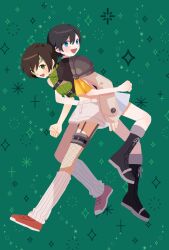  2girls :d absurdres armor asymmetrical_legwear back-to-back black_boots black_hair black_shirt blue_eyes boots brown_hair brown_shorts chest_harness clenched_hands final_fantasy final_fantasy_vii fishnet_thighhighs fishnets forehead_protector from_side full_body green_background green_eyes green_headband green_sweater hair_between_eyes harness headband highres kingdom_hearts kingdom_hearts_iii lace-up_boots lifting_person locked_arms looking_at_viewer looking_back looking_to_the_side loose_socks midriff multiple_girls open_fly open_mouth pauldrons red_shoes ribbed_socks ribbed_sweater ribbon shirt shoes short_hair short_shorts shorts shoulder_armor single_bare_shoulder single_pauldron single_thighhigh skirt sleeveless sleeveless_sweater sleeveless_turtleneck smile sneakers socks sparkle square_enix sweater swept_bangs thigh-highs trait_connection turtleneck turtleneck_sweater white_skirt white_socks xion_(kingdom_hearts) yellow_ribbon yomyompi yuffie_kisaragi 