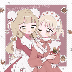  2girls :3 :d ;> apron blonde_hair blush_stickers border bow bowtie brown_eyes bun_cover closed_mouth commentary_request double_bun dress food frilled_apron frills hair_bun highres holding holding_food juliet_sleeves long_hair long_sleeves maid_headdress multiple_girls niyu_(nennenkorori3) one_eye_closed open_mouth original outline outside_border pink_background pocky polka_dot_border puffy_sleeves red_bow red_bowtie red_dress short_hair simple_background smile thick_eyebrows two_side_up upper_body white_apron white_border white_outline yellow_eyes 