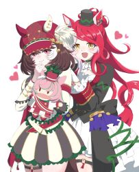  2girls animal_ears babie belt black_jacket blush bow breasts brown_hair cape closed_mouth commentary ear_covers ears_through_headwear facial_mark gloves hair_between_eyes hair_ornament hand_puppet hat heart heart_facial_mark heart_on_cheek highres horse_ears horse_girl horse_tail jacket large_breasts long_hair long_sleeves looking_at_viewer loves_only_you_(9927_wishes)_(umamusume) loves_only_you_(umamusume) marche_lorraine_(racing)_(umamusume) marche_lorraine_(umamusume) mini_hat mini_top_hat mismatched_ear_covers multicolored_hair multiple_girls open_mouth puppet red_cape red_hair short_hair skirt smile tail thigh_strap top_hat umamusume untranslatable_commentary violet_eyes white_gloves white_jacket yellow_eyes 