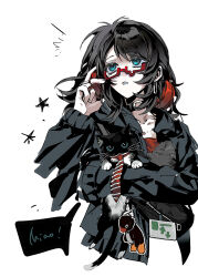  1girl absurdres bang_dream! bang_dream!_it's_mygo!!!!! black_choker black_hair black_jacket cat chinese_commentary choker commentary_request earrings headphones headphones_around_neck highres jacket jewelry medium_hair ne2op o-ring o-ring_choker red-framed_eyewear semi-rimless_eyewear simple_background solo under-rim_eyewear upper_body white_background yahata_umiri 