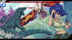  1girl absurdres arm_up battle belt black_belt blue_hair camouflage camouflage_pants clenched_teeth collarbone dog_tags doobermcgoober dorsal_fin giant giant_monster godzilla godzilla_(series) green_pants highres holding holding_microphone kaiju matsu_connie microphone midriff monster mothra navel one_eye_closed open_mouth pants red_eyes reporter short_hair short_sleeves tail teeth wings 