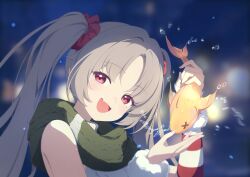  1girl :d fang fish goldfish green_scarf grey_hair highres knit_sweater laru_(snowish)_(stella_sora) laru_(stella_sora) long_hair looking_at_viewer official_art scarf skin_fang sleeveless sleeveless_sweater smile stella_sora sweater third-party_source twintails violet_eyes 