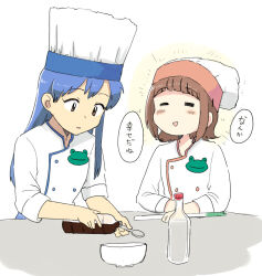  2girls amami_haruka blue_hair blush_stickers book bowl brown_eyes brown_hair buttons chef chef_hat closed_eyes commentary_request cooking double-breasted hat holding holding_book idolmaster idolmaster_(classic) jacket kisaragi_chihaya long_hair long_sleeves multiple_girls parted_lips pouring short_hair speech_bubble spring_onion translation_request tsubobot white_hat white_jacket 