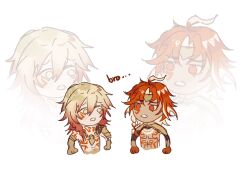  2boys ahoge ancient_greek_clothes armor black_shirt black_shrug blonde_hair body_markings braid circlet colored_inner_hair company_connection crossover dark-skinned_male dark_skin empty_eyes english_text eyeshadow facial_mark faulds gauntlets genshin_impact gold_armor gold_necklace gradient_hair greco-roman_clothes hair_between_eyes highres honkai:_star_rail honkai_(series) huge_ahoge jewelry long_sleeves looking_at_another makeup male_focus medium_hair mihoyo multicolored_hair multiple_boys mydei_(honkai:_star_rail) neck_ring necklace no_pupils open_clothes open_mouth open_shirt red_eyes red_eyeshadow red_hair shirt short_hair shoulder_armor shrug_(clothing) side_braid simple_background single_bare_shoulder single_braid tearing_up two-tone_hair upper_body white_background xbalanque_(genshin_impact) xiaoxiannuyiming yellow_eyes zoom_layer 