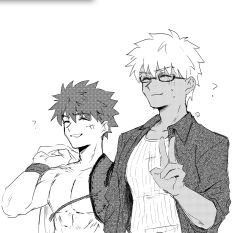  2boys ? abs anger_vein archer_(fate) belt closed_eyes closed_mouth clothes_grab collarbone collared_jacket commentary_request cropped_torso dark-skinned_male dark_skin emiya_shirou fate/grand_order fate_(series) glasses greyscale hair_between_eyes hand_up igote jacket long_sleeves male_focus monochrome multiple_boys muscular muscular_male nedameman open_clothes open_jacket pectorals puffy_long_sleeves puffy_sleeves semi-rimless_eyewear senji_muramasa_(fate) shirt short_hair simple_background single_bare_shoulder smile spiky_hair sweat teeth upper_body v v-shaped_eyebrows wristband 
