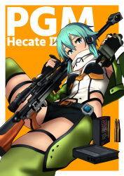  1girl ammunition ammunition_box anti-materiel_rifle black_gloves black_leotard black_shorts black_trim blue_eyes blue_hair bolt_action border breasts bullet clip_(weapon) covered_mouth cowboy_shot cropped_jacket detached_pants double-parted_bangs fingerless_gloves gloves green_jacket green_pants gun hair_between_eyes hair_ornament hairclip hands_up highleg highleg_leotard highres holding holding_weapon jacket leotard long_sleeves looking_at_viewer medium_breasts medium_hair multicolored_jacket multicolored_leotard open_clothes open_jacket orange_background orange_leotard outside_border pants pgm_hecate_ii rifle scarf short_shorts shorts sidelocks sinon skindentation sniper_rifle solo sword_art_online thigh_strap timmyyen two-tone_jacket variant_set weapon weapon_name white_border white_jacket white_leotard white_scarf 