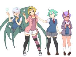  4girls 9rimson ahoge arachne arthropod_girl asymmetrical_legwear black_eyes black_hairband black_thighhighs blonde_hair blue_eyes blue_hair blue_sweater_vest bow bowtie breasts brown_shoes bug butterfly choppy_bangs closed_mouth colored_sclera commentary_request dark-skinned_female dark_skin demon_girl demon_horns double-parted_bangs green_hair grey_sclera grey_skirt hair_between_eyes hair_ornament hair_over_one_eye hairband highres horns jacket long_bangs looking_at_viewer looking_up medium_breasts miniskirt mismatched_legwear mismatched_pupils monster_girl multiple_girls necktie neru_(9rimson) object_floating_above_hand one_eye_covered open_clothes open_jacket open_mouth original pink_jacket purple_hair purple_jacket purple_shirt red_necktie rinne_(9rimson) school_uniform shirt shoes short_hair shorts simple_background skirt smile socks spider_girl standing striped_clothes striped_thighhighs sweater_vest symbol-shaped_pupils taur thigh-highs violet_eyes white_background white_shoes white_shorts white_socks yellow_bow yellow_bowtie zettai_ryouiki 