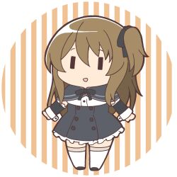  1girl arms_at_sides assault_lily black_capelet black_ribbon black_shoes black_skirt border brown_hair capelet chibi commentary_request detached_sleeves frilled_skirt frilled_sleeves frills full_body hair_ribbon high-waist_skirt kuo_shenlin looking_at_viewer lowres masaki_itsuki one_side_up parted_lips ribbon round_border school_uniform shirt shoes sidelocks skirt smile solo standing striped_background thigh-highs transparent_background vertical-striped_background white_shirt white_thighhighs yurigaoka_girls_academy_school_uniform zettai_ryouiki |_| 