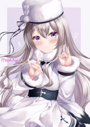  1girl absurdres azur_lane belt black_belt blonde_hair breasts closed_mouth commentary_request double_fox_shadow_puppet dress fake_tail fox_shadow_puppet fur-trimmed_collar fur-trimmed_dress fur-trimmed_sleeves fur_hat fur_trim hair_between_eyes hands_up hat heterochromia highres light_blush light_smile long_hair long_sleeves looking_at_viewer makihige murmansk_(azur_lane) papakha pink_eyes simple_background small_breasts solo tail upper_body very_long_hair violet_eyes white_background white_dress white_hat 