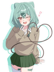  1girl absurdres animal_ears bandaid bandaid_on_leg bright_pupils brown_sweater commentary_request cowboy_shot drop_shadow fang fingernails green_skirt gyaru_bulbasaur gyaru_bulbasaur_(shin_no_tenpii) hair_between_eyes hand_up heart highres long_fingernails long_sleeves looking_at_viewer m0_0m_c medium_hair miniskirt one_eye_closed open_mouth personification plant pokemon pokemon_pokopia pokemon_tail red_eyes shirt shirt_under_sweater simple_background skirt solo sweater tail thigh-highs thighs vine_whip vines white_background white_pupils white_shirt white_thighhighs 
