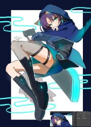  1girl animal_ear_fluff animal_ears art_program_in_frame black_boots black_border black_sash blue_capelet blue_skirt boots border capelet cho_kaguya-hime! clip_studio_paint clip_studio_paint_(medium) colored_inner_animal_ears commentary covered_mouth dot_nose dynamic_pose egasumi eyeliner facial_mark fighting_stance forehead_mark fox_ears fox_girl full_body green_eyes grey_thighhighs highres holding holding_sword holding_weapon hood hood_up hooded_capelet knee_boots knees_apart_feet_together left-handed long_sleeves looking_at_viewer makeup middle_part miniskirt obi purple_hair red_eyeliner sakayori_iroha sash see-through_clothes see-through_thighhighs senmochi_02 short_hair simple_background single_thighhigh skirt solo sword thigh-highs thigh_strap weapon white_background 