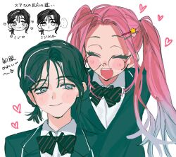  2girls alien_stage black_bow black_bowtie black_hair black_jacket blazer blue_hair bow bowtie closed_eyes commentary diagonal-striped_bow diagonal-striped_bowtie diagonal-striped_clothes glasses grey_eyes hair_ornament hairband hairclip heart jacket long_hair mizi_(alien_stage) mizore_o87 multicolored_hair multiple_girls official_alternate_costume peach_hat_ornament ponytail round_eyewear school_uniform short_ponytail smile star_(symbol) star_hair_ornament striped_bow striped_bowtie striped_clothes sua_(alien_stage) translation_request twintails two-tone_hair white_hairband 