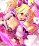  blonde_hair breasts choker cleavage collarbone cure_peach dutch_angle earrings fresh_precure! frilled_skirt frills hair_ornament heart jewelry long_hair magical_girl magister_(bigbakunyuu) momozono_love open_mouth pink_eyes precure twintails wrist_cuffs 