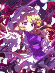  1girl absurdres artist_name blonde_hair blurry breasts chain chinese_commentary closed_mouth commentary_request depth_of_field dress folded_fan folding_fan frilled_dress frills gap_(touhou) hand_fan hat hat_ribbon highres holding holding_fan long_hair looking_at_viewer mob_cap purple_tabard red_ribbon ribbon smile solo tabard touhou violet_eyes white_hat yakumo_yukari yanb.cy_0kb 