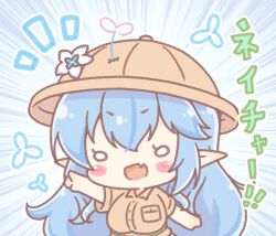  1girl :d blue_hair blush_stickers breasts brown_helmet brown_shirt chibi collared_shirt commentary_request dress_shirt emphasis_lines fang gradient_hair hair_between_eyes hair_through_headwear helmet highres hololive large_breasts long_hair mitarashi_neko multicolored_hair notice_lines outstretched_arm pink_hair pith_helmet pointing pointy_ears polka_dot polka_dot_background shirt short_sleeves smile solo streaked_hair translation_request upper_body v-shaped_eyebrows very_long_hair virtual_youtuber wide_oval_eyes yukihana_lamy 