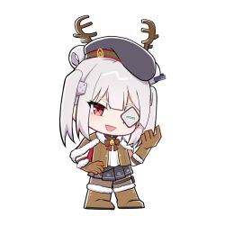  1girl :d antlers bell beret black_hat black_skirt blunt_bangs boots brown_boots brown_capelet brown_gloves brown_pantyhose capelet chibi chibi_only double_bun eyepatch fake_antlers full_body fur-trimmed_boots fur-trimmed_capelet fur-trimmed_gloves fur_trim gloves hair_bun hand_up hat heaven_burns_red horns looking_at_viewer miniskirt neck_bell official_alternate_costume open_mouth pantyhose pleated_skirt red_eyes reindeer_antlers rrtp shirt simple_background skirt smile smug solo standing straight_hair v-shaped_eyebrows white_background white_shirt yamawaki_bon_ivar yamawaki_bon_ivar_(holy_knight) 