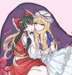  2girls arms_around_another's_waist black_hair blonde_hair bow commentary detached_sleeves dress elbow_gloves frilled_bow frilled_dress frilled_hair_tubes frilled_skirt frills gap_(touhou) gloves hair_between_eyes hair_bow hair_tubes hakurei_reimu hat hat_ribbon hug kashiwada_kiiho mob_cap multiple_girls neck_ribbon open_mouth purple_dress red_bow red_ribbon red_shirt red_skirt ribbon ribbon-trimmed_sleeves ribbon_trim shirt skirt touhou violet_eyes white_gloves white_hat white_sleeves yakumo_yukari yellow_eyes yuri 