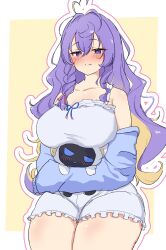  1girl absurdres ahoge blonde_hair braid braided_sidelock breasts camisole commentary_request frilled_camisole frills hair_between_eyes heart highres hololive hololive_indonesia large_breasts moona_hoshinova moona_hoshinova_(pajamas) moonabito_(moona_hoshinova) multicolored_hair official_alternate_costume purple_hair shorts starry_hair suica_koubou two-tone_hair violet_eyes virtual_youtuber yellow_eyes 