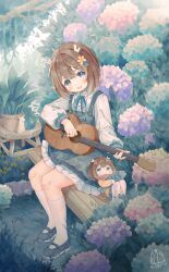  1girl absurdres acoustic_guitar antlers bench blue_dress blue_eyes blue_ribbon blue_shoes blush brown_hair chibi commentary_request doll dress fish flower frilled_dress frills guitar hair_ornament highres holding holding_guitar holding_instrument horns hydrangea indie_utaite indie_virtual_youtuber instrument kano_(utaite) nature original plant potted_plant ribbon shirt shoes short_hair sitting smile socks solo table utaite white_shirt white_socks xianyuzi 