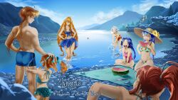  4boys 6+girls absurdres ahoge ars_greyrat bikini blonde_hair blue_hair blue_sky braid brown_hair christina_greyrat cliff_grimoire earrings elf elinalise_dragonroad ely_works eris_greyrat father_and_child father_and_daughter flower food fruit hair_flower hair_ornament hand_on_another's_head hand_on_own_hip hat highres husband_and_wives jewelry knife lara_greyrat male_swimwear multiple_boys multiple_girls one-piece_swimsuit outdoors parent_and_child pointy_ears polygamy ponytail red_hair riverbank roxy_migurdia rudeus_greyrat ruijerd_superdia short_hair sky smile straw_hat swim_trunks swimsuit sylphiette_(mushoku_tensei) urasekai_picnic watermelon watermelon_slice white_hair 