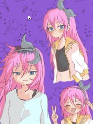  1girl aubrey_(faraway)_(omori) aubrey_(omori) blue_eyes blue_hairband blush bra_strap closed_eyes closed_mouth commentary crop_top double_v english_commentary food hairband highres jacket long_hair looking_at_viewer multicolored_hair mumumumachan18 omori onigiri open_clothes open_jacket open_mouth pink_hair roots_(hair) short-sleeved_jacket short_sleeves sidelocks solo v white_jacket 