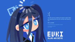  1girl absurdres aris_(blue_archive) artist_name black_jacket blue_archive blue_background blue_eyes blue_hair blue_hairband blue_halo blue_jacket blue_necktie blue_screen_of_death blush bright_pupils chibi double-parted_bangs euki_(eukicat) hair_between_eyes hairband halo highres jacket loading_icon long_bangs long_hair long_hair_between_eyes long_sidelocks looking_at_viewer multicolored_jacket necktie no_mouth one_side_up open_clothes open_jacket rectangular_halo school_uniform shirt sidelocks simple_background solo thinking upper_body white_pupils white_shirt 