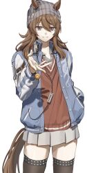  1girl animal_ears beanie black_thighhighs blue_jacket brown_hair candy commentary_request cowboy_shot dice dice_necklace ears_through_headwear food grey_hat grey_skirt hair_between_eyes hat headphones headphones_around_neck highres holding holding_candy holding_food holding_lollipop horse_ears horse_girl horse_tail jacket jewelry lollipop long_hair long_sleeves looking_at_viewer nakayama_festa_(umamusume) necklace pleated_skirt red_sweater_vest skirt smile solo striped_clothes striped_headwear sweater_vest sxxx_ja tail thigh-highs umamusume vertical-striped_clothes vertical-striped_headwear violet_eyes 