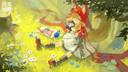  1girl absurdres animal_ear_fluff animal_ears apple arknights arknights:_endfield black_boots blonde_hair boots braid braided_bangs bug butterfly cape child's_drawing chinese_commentary closed_mouth commentary_request doll drawing_(object) dress expressionless flower food fruit grass hair_ornament highres holding holding_doll hood hood_up hooded_cape jewelry low-tied_sidelocks necklace orange_hair red_cape rossi_(arknights) sidelocks sitting solo tail tooth_necklace tree tree_stump w-t white_dress wolf_ears wolf_girl wolf_tail 