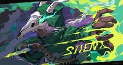  1girl absurdres animal_skull bandages cloak dagger dark-skinned_female dark_skin fire gas green_cloak green_fire highres holding holding_dagger holding_knife holding_weapon knife kris_(weapon) long_hair mask skull_mask skull_on_head slay_the_spire slay_the_spire_2 solo spinal_cord srhk96 the_silent_(slay_the_spire) upper_body weapon white_hair 