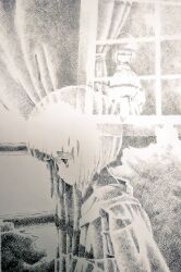  1girl blunt_bangs bob_cut closed_mouth commentary_request crosshatching curtains dress expressionless greyscale hatching_(texture) indoors inverted_bob looking_outside marielle_lugran monochrome multiple_views see-through_body standing tongari_boushi_no_memoru traditional_media upper_body window zpihr6jprso2r2l 