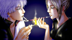 1boy 1girl black_kimono blonde_hair check_commentary cigarette colored_eyebrows commentary_request earrings eyelashes fire fran14 gintama hadanugi_dousa half-closed_eyes holding holding_matchstick holding_smoking_pipe japanese_clothes jewelry kimono kiseru lips matches partial_commentary sakata_gintoki scar scar_on_face sidelocks sleeveless sleeveless_kimono smoke smoking smoking_pipe stitched_face stitches tsukuyo_(gintama) white_hair 