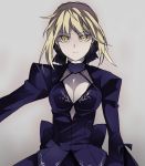  blonde_hair breasts cleavage dress fate/stay_night fate_(series) hair_ribbon mmm_ss ribbon saber saber_alter solo yellow_eyes 