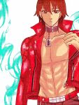  abs archer archer_(cosplay) cosplay fate/extra fate/extra_ccc fate_(series) jacket male male_protagonist_(fate/extra) open_clothes open_jacket red_eyes red_hair red_jacket redhead short_hair solo vinaya 