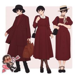  >_< 1boy 1girl alternate_costume arrow_through_heart bag black_bag black_boots black_hair black_hat black_pants black_shoes blush boots border breasts brown_bag brown_hair brown_hat brown_jacket brown_pantyhose chibi chibi_inset clutching_chest coat collared_dress collared_shirt commentary dress eren_yeager full_body grey_eyes grey_shirt hair_between_eyes hair_bun hanpetos hat hetero holding holding_bag jacket long_coat long_dress medium_breasts mikasa_ackerman multiple_views neckerchief pants pantyhose pink_background red_coat red_dress scar scar_on_cheek scar_on_face shingeki_no_kyojin shirt shoes short_hair sweatdrop untranslatable_commentary updo white_border 