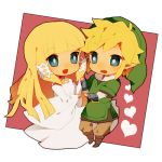  1girl blonde_hair blue_eyes couple detached_sleeves dress earrings gloves hair_ornament hand_holding hat heart holding_hands hood jewelry kasano_(chinatsu) link long_hair long_sleeves nintendo open_mouth pants payot pointy_ears princess_zelda skyward_sword smile the_legend_of_zelda tunic white_dress wide_sleeves 